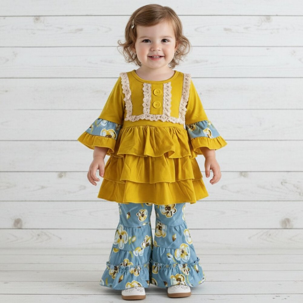 Boutique Aqua & Mustard Ruffles Outfit, Girl's